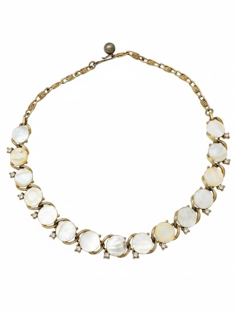 Gold Tone and White Mother-of-Pearl Chocker Necklace with Crystals